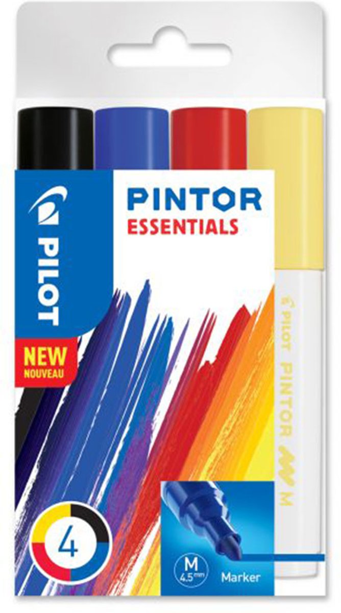 Pilot Pintor 4 Kleuren Verfstiften Set - Essentials Set - Medium marker met 4,5mm punt - Inkt op waterbasis - Dekt op elk oppervlak, zelfs de donkerste - Teken, kleur, versier, markeer, schrijf, kalligrafeer…