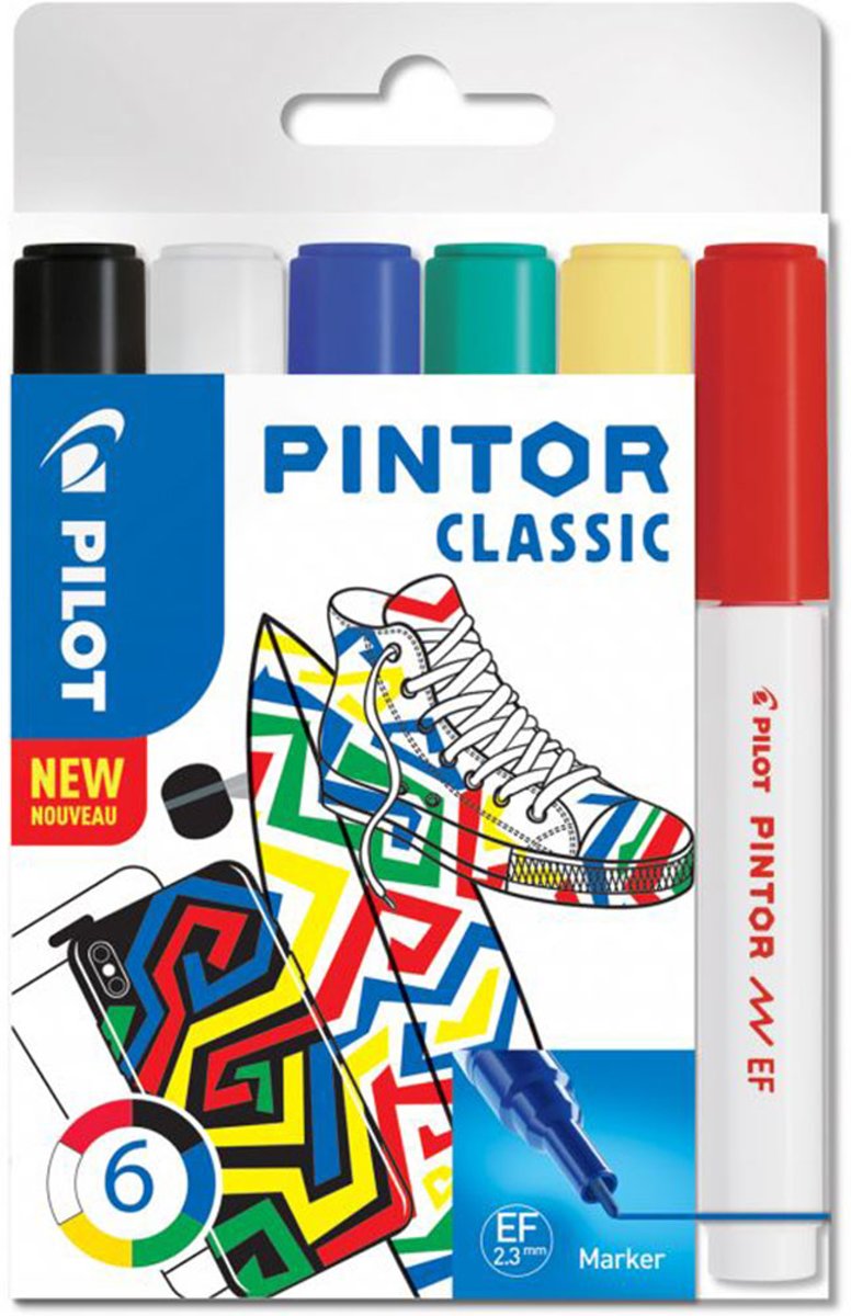 Pilot Pintor 6 Kleuren Verfstiften Set - Classic Set - Extra Fijne marker met 2,3mm punt - Inkt op waterbasis - Dekt op elk oppervlak, zelfs de donkerste - Teken, kleur, versier, markeer, schrijf, kalligrafeer…