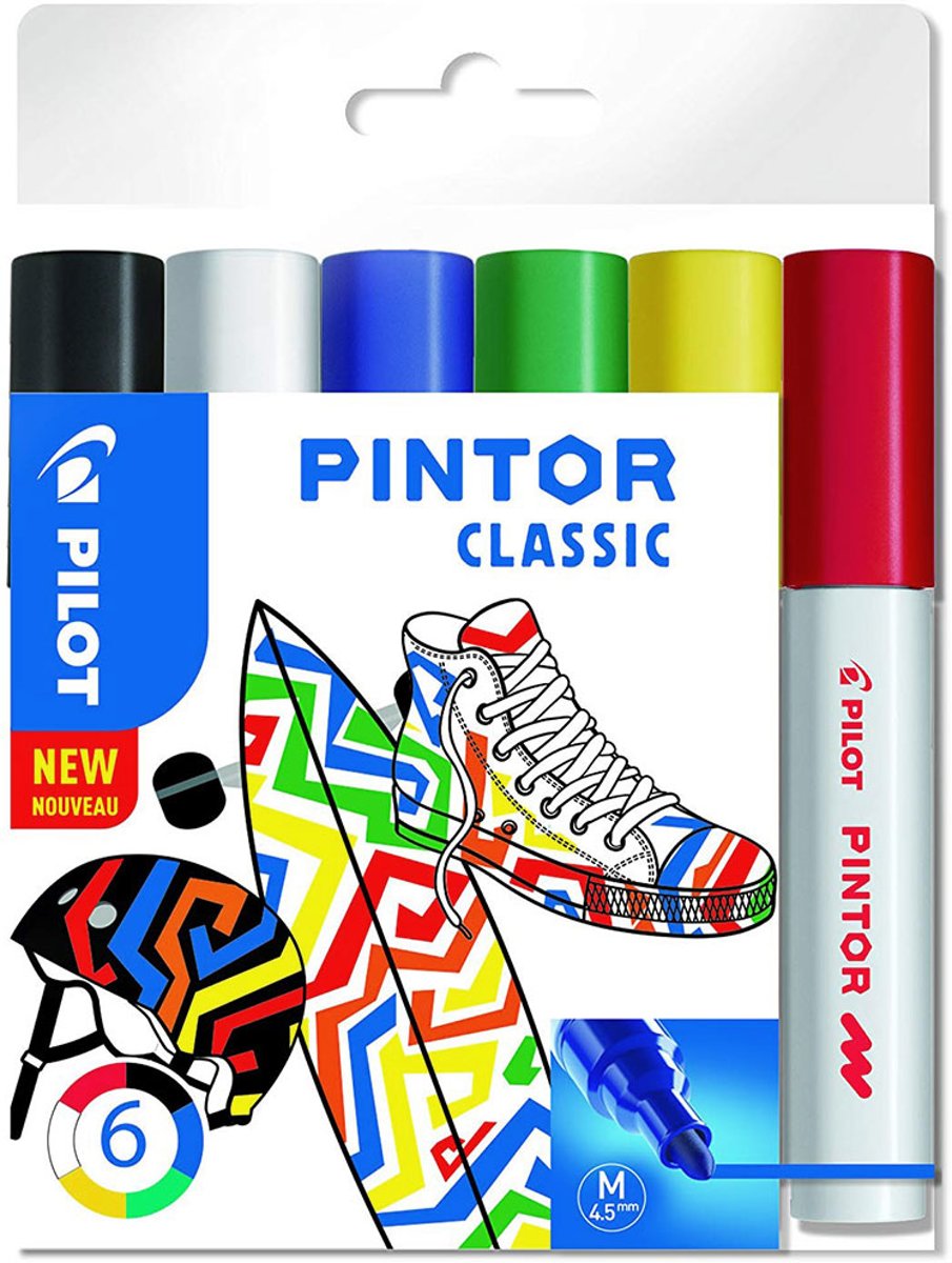 Pilot Pintor 6 Kleuren Verfstiften Set - Classic Set - Medium marker met 4,5mm punt - Inkt op waterbasis - Dekt op elk oppervlak, zelfs de donkerste - Teken, kleur, versier, markeer, schrijf, kalligrafeer…