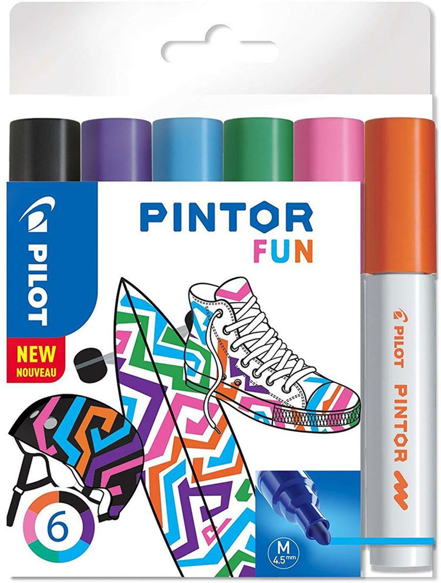 Pilot Pintor 6 Kleuren Verfstiften Set - Fun Set - Medium marker met 4,5mm punt - Inkt op waterbasis - Dekt op elk oppervlak, zelfs de donkerste - Teken, kleur, versier, markeer, schrijf, kalligrafeer…