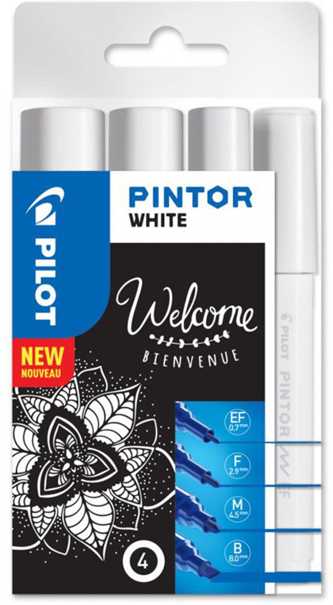 Pilot Pintor Witte Verfstiften Set - 4 maten EF/F/M/B - Inkt op waterbasis - Dekt op elk oppervlak, zelfs de donkerste - Teken, kleur, versier, markeer, schrijf, kalligrafeer…