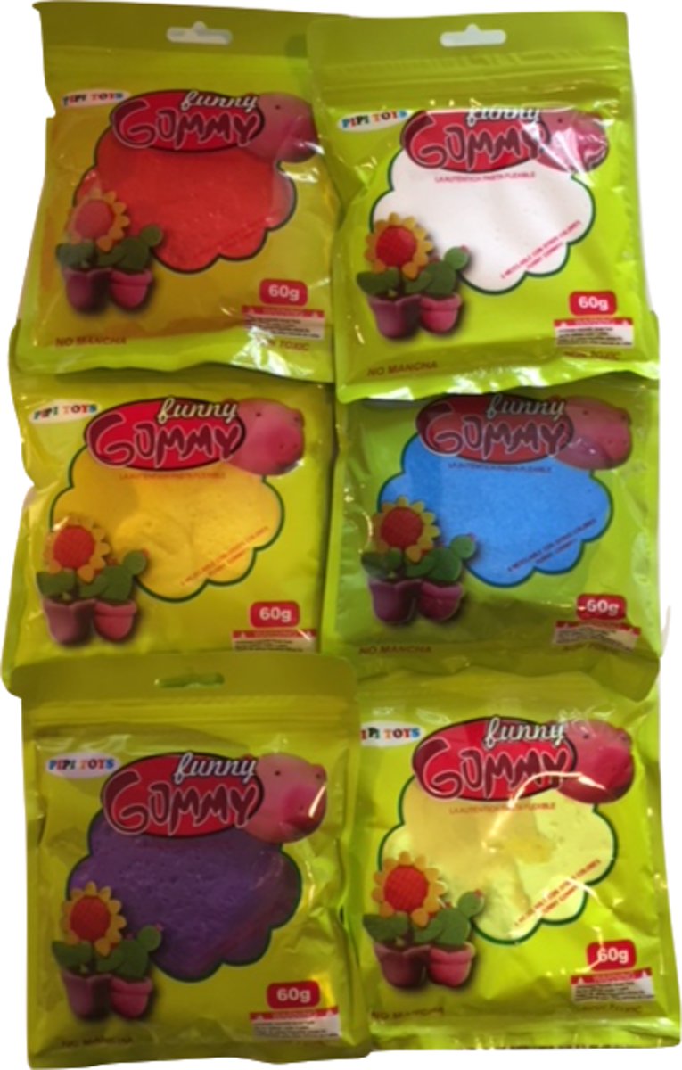 Set Funny Gummy 6 zakjes Boetseerklei Diverse kleuren - 60 gram per zakje