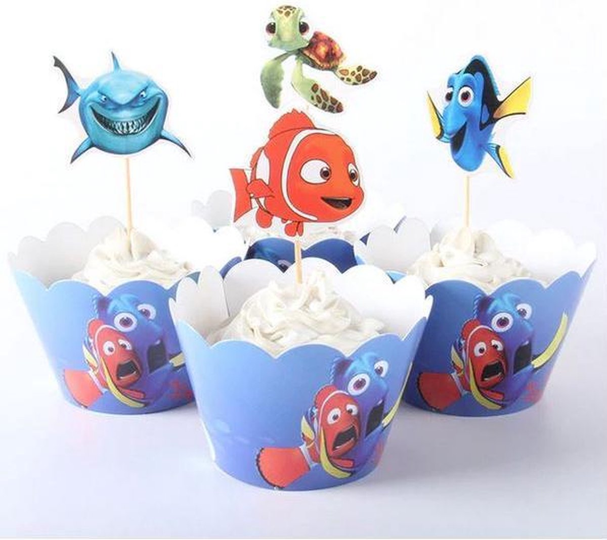 12 stuks cupcake omslagen Finding Nemo + 12 stuks cupcake toppers (zonder stokjes)