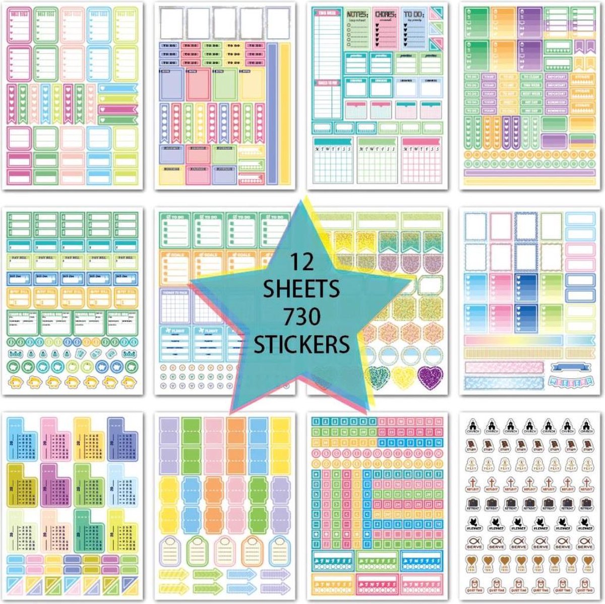 12 velletjes Bullet Journal stickers met 730 stuks stickers