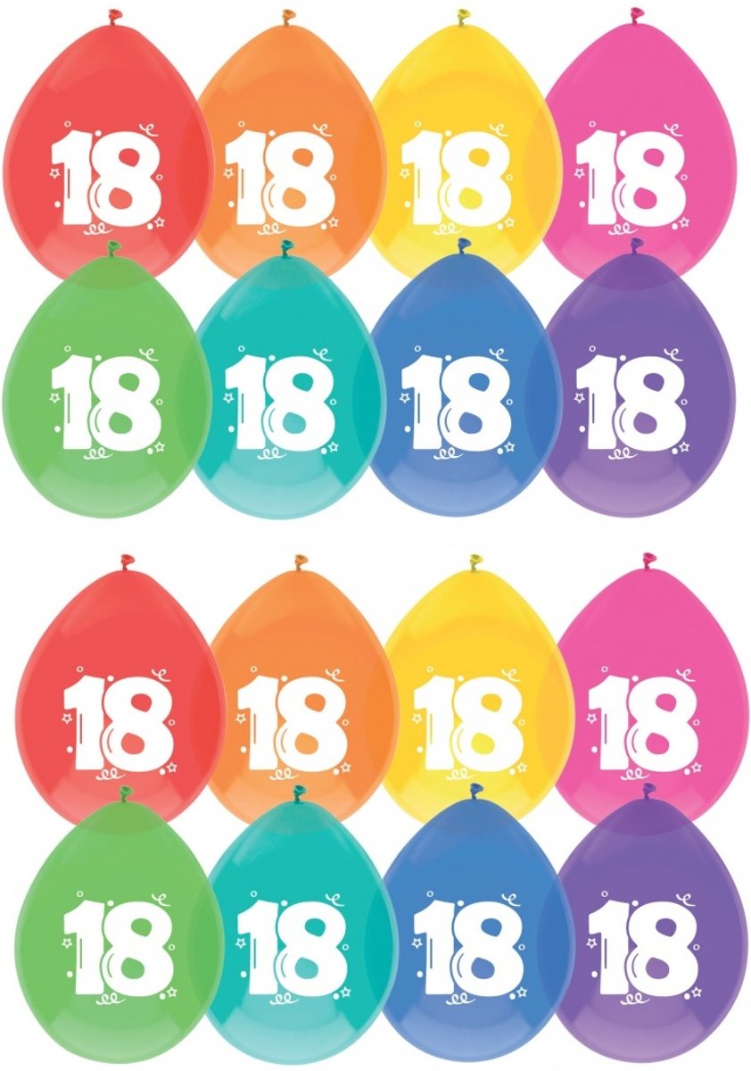 16 stuks Ballonnen multicolor met opdruk 18 jaar