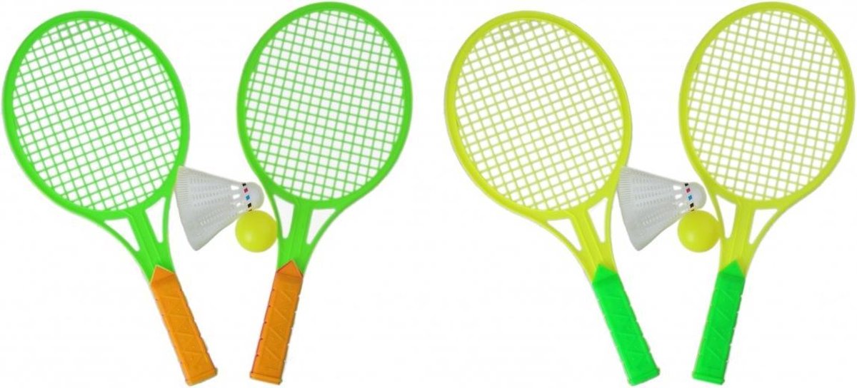 2 complete setjes kunststof tennis rackets - shuttle en balletje Groen en Geel