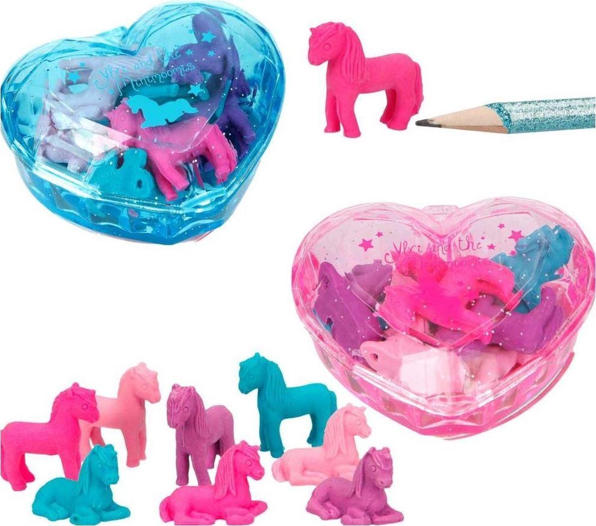 2 stuks kunstof doosjes roze en blauw met 8 unicorn gummen (= 16 gummen)