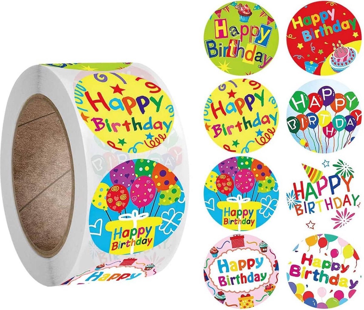 500 stickers op rol Happy Birthday 2,5 cm