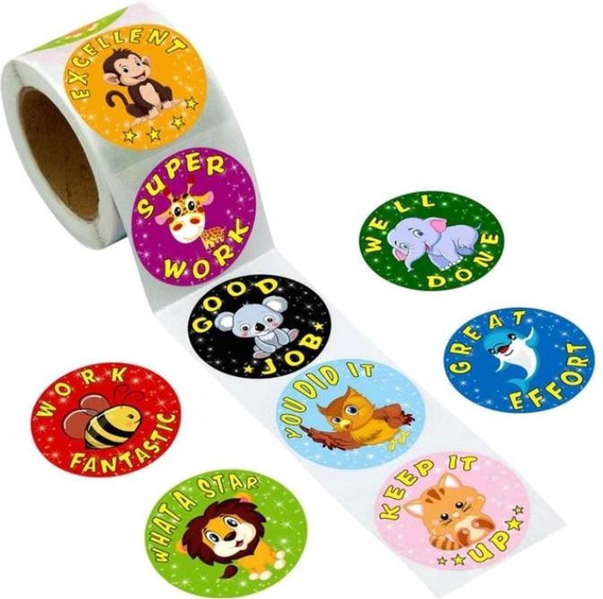 500 stuks beloningsstickers dieren op rol 2,5 cm