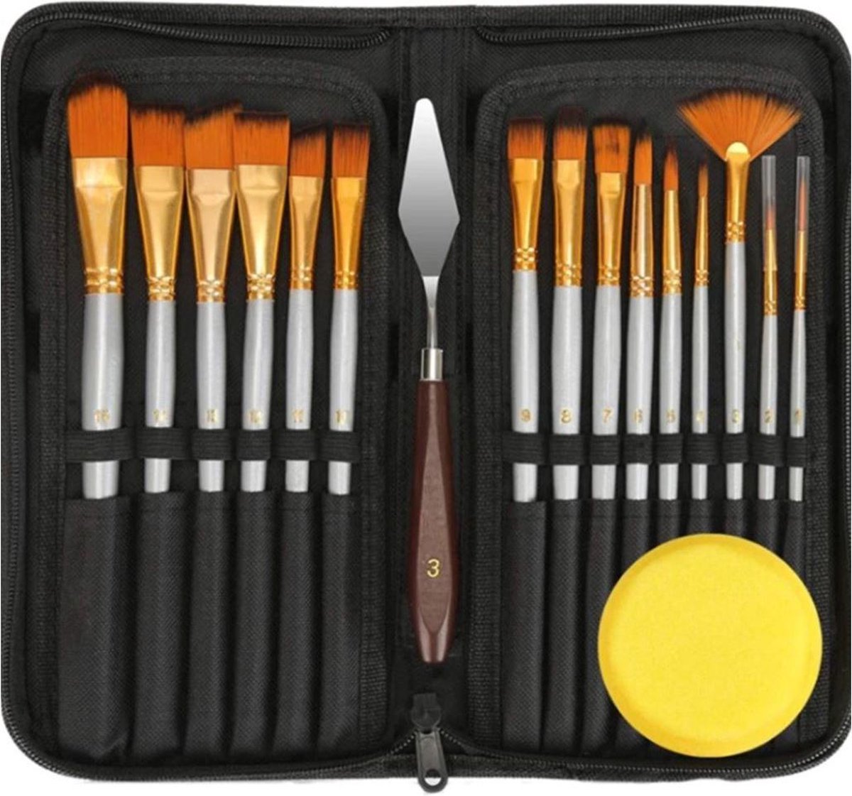 Complete schilders set 15 penselen - paletmes - spons in etui