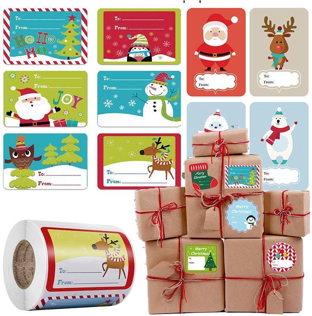 Rol met 250 stuks kerst cadeau stickers - kerst labels 7.5 x 5 cm