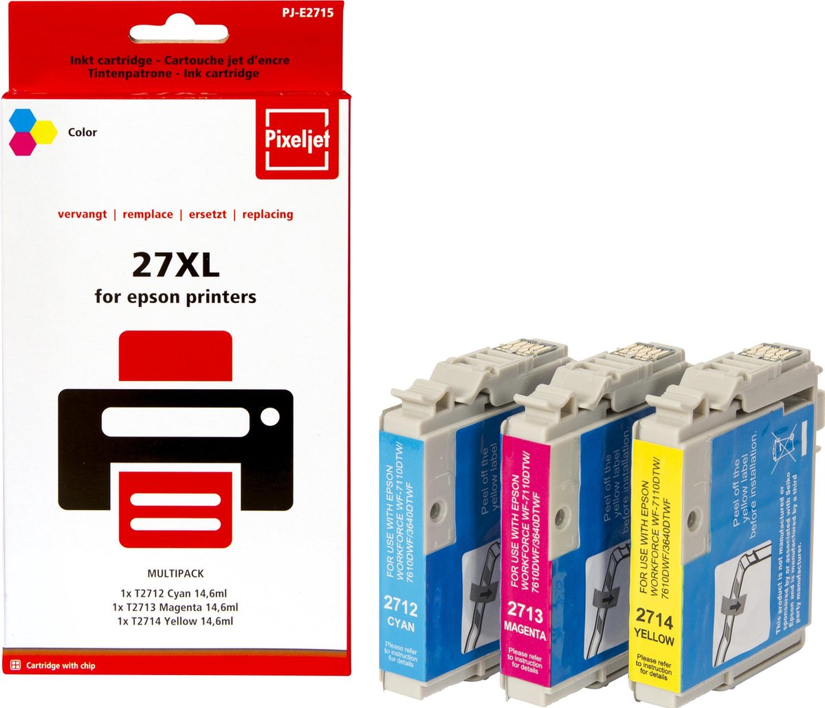 Pixeljet Epson 27XL (3-pack) Inkcartridge Cyaan, Magenta en Geel