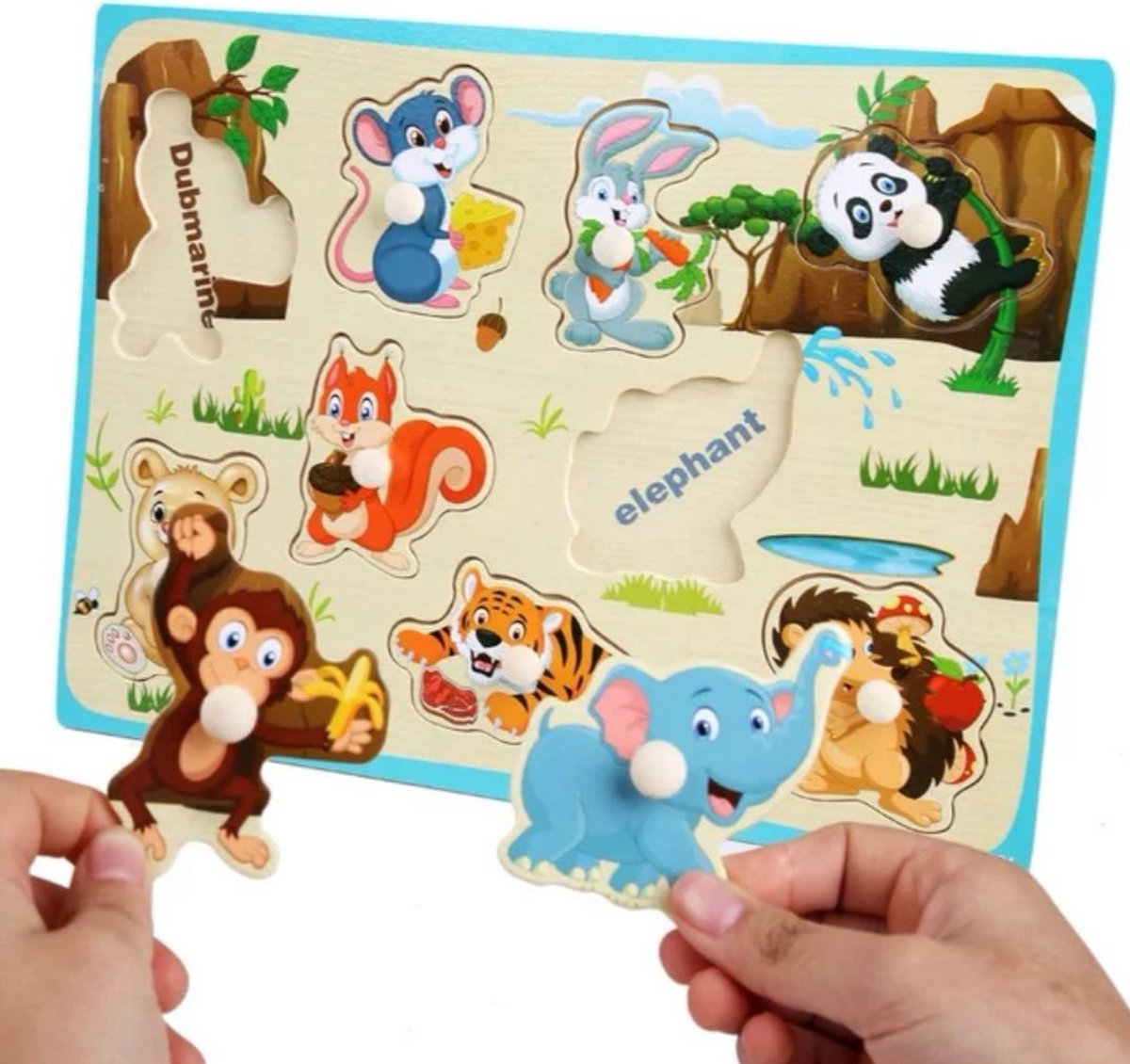 Baby - Kinder - Dieren - Puzzel - Hout - 0-6 jaar - Olifant - Tijger - Muis - Panda - Konijn - Eekhoorn - Aap - Egel - Beer - Steekpuzzel