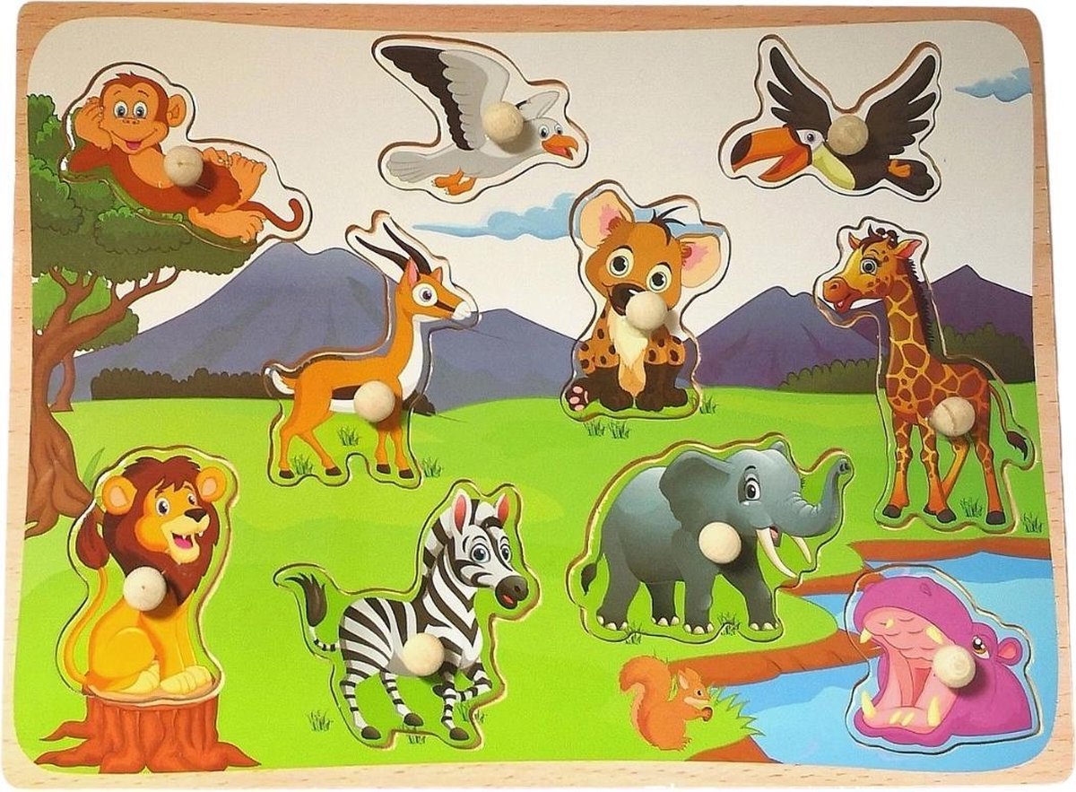 Baby - Kinder - Dieren - Steekpuzzel - Hout - 0-6 jaar - Safari dieren - Leeuw - Olifant - Aap - Giraffe