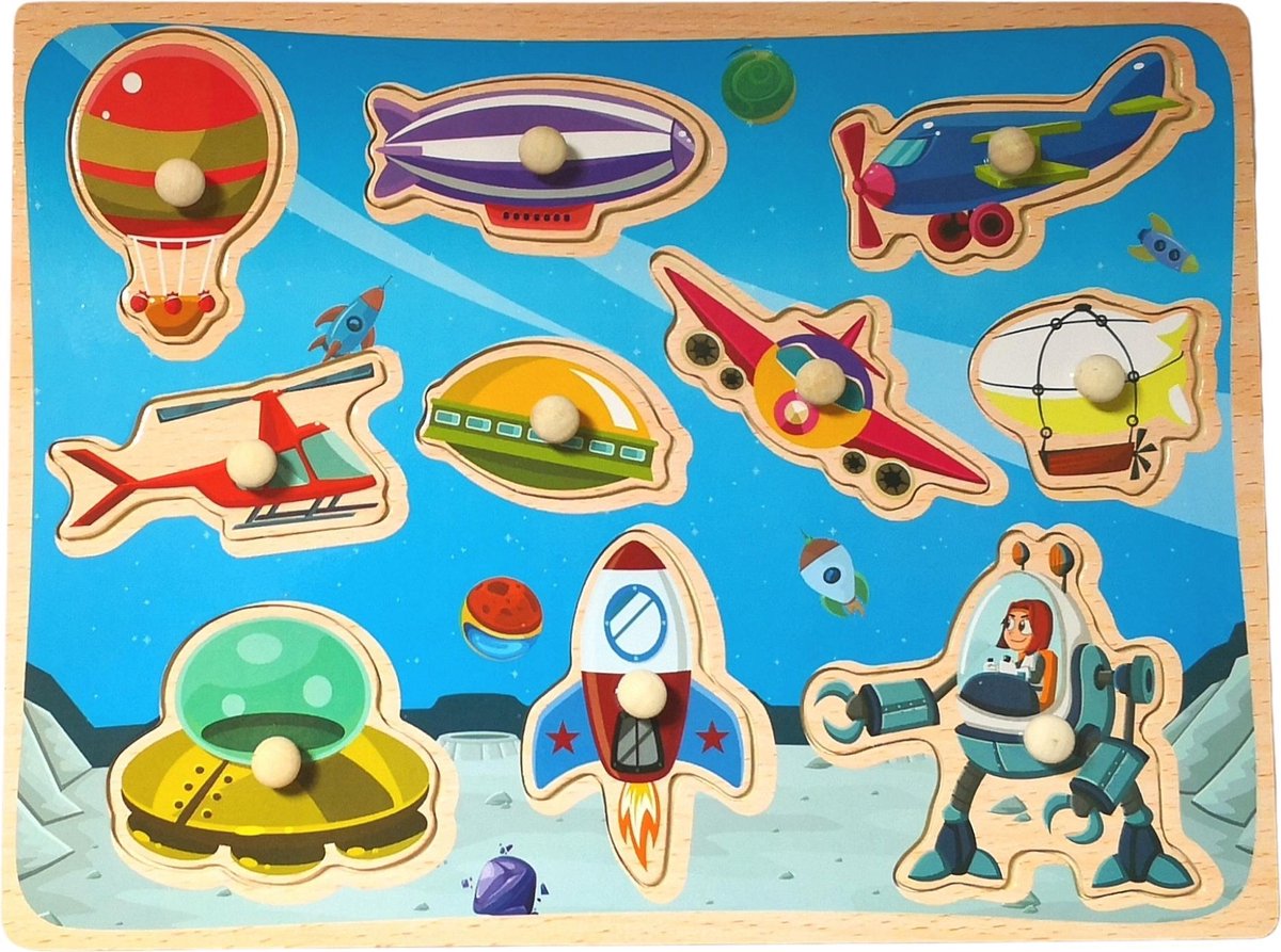 Baby - Kinder - Dieren - Steekpuzzel - Puzzel - Hout - 0-6 jaar - Ruimte - Luchtvaart - Ruimteschip - Astronaut - Vliegtuig