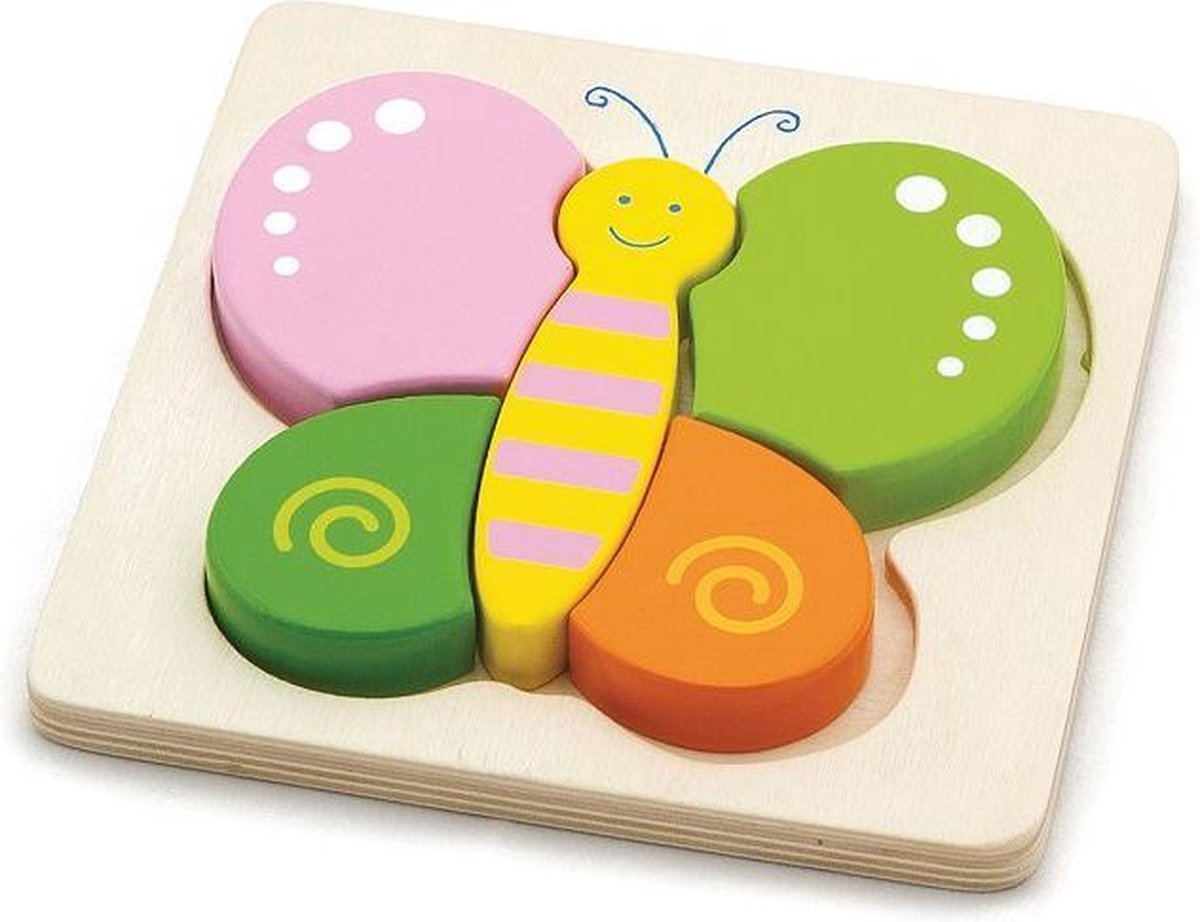 Play Adventures - Houten Vormenpuzzel - Dierenpuzzel - Vlinder - 1 tot 4 jaar - Formaat Puzzel - 14.5 x 14.5 x 1 cm