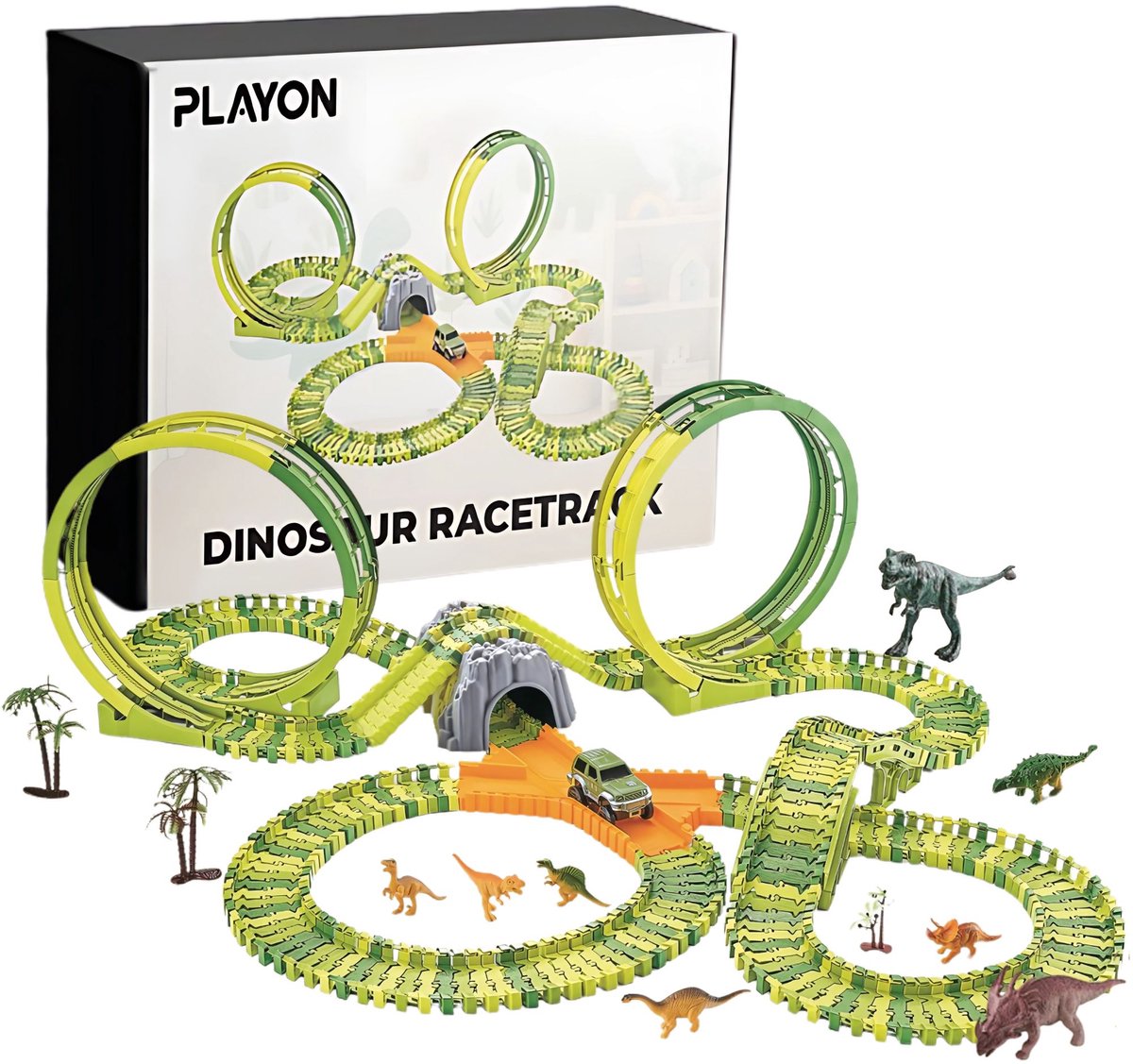     - Dinosaurus Speelgoed - Dinosaurus - Auto Speelgoed - 260 Onderdelen - Met Raceauto en Loopings