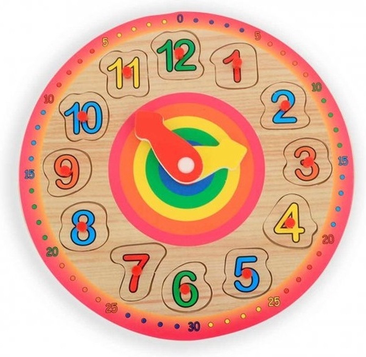 Houten puzzelklok - regenboog speelklok - leerklok leren klokkijken - funcadeau schoencadeautje