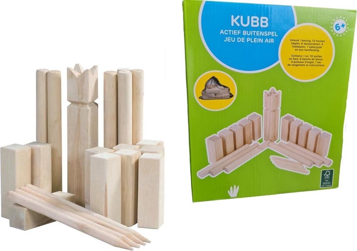 Kubb Game hout - Met 10 houten kegels - 6 werpstokken - 4 hoekpalen - 1 Koning - 1 opbergzak