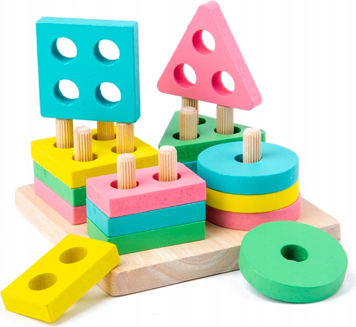 Geometrische Vormen Sorteren - Pastel - 4 Vormen - Vierkant - Vormenstoof - Houten Stapelspeelgoed - Sorteer Speelgoed - Montessori Speelgoed - Motoriek - Sensorisch Speelgoed - Sorteren - Educatief Speelgoed - Houten Puzzel - Ontwikkelingsspeelgoed