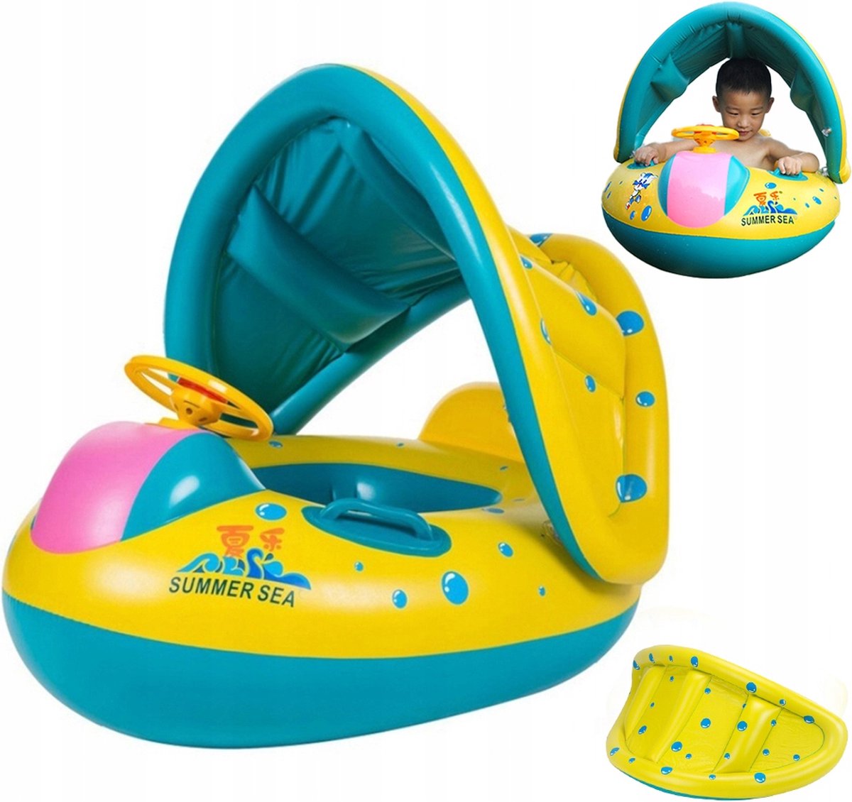 Playos - Zwemband - Bootje - Stuur en Claxon - met Zonnescherm - met Zitje - Handvatten - Rugleuning - Geel - Peuter en Baby - Zwemring - Babyzwemband - Babyfloat - Zwemtrainer - Opblaasbaar - Zwemstoel - Opblaasbare Rubberboot - Rubber Bootje