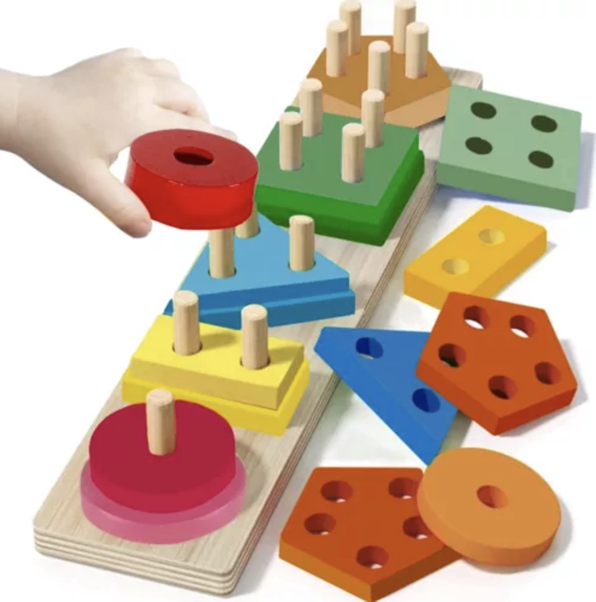  ® - Geometrische Vormen Sorteren - 5 Vormen - Rechthoek - Stapeltoren -   - Houten Stapelspeelgoed - Houten Puzzel - Educatief Speelgoed - Vissen - Kleuren en Vormen leren