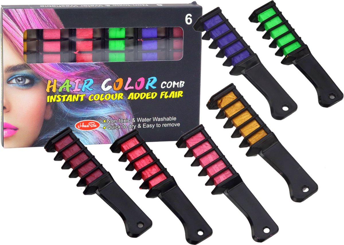  ® - Haarkrijt - Metallic - 6 Kleuren - Kinderen en Volwassenen - Haarverf Kam - Festival - Speelgoed Make-up - Speelgoed - Haarmascara