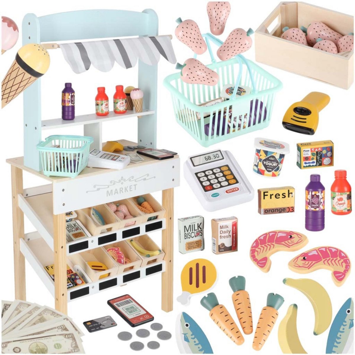  ® - Houten Marktkraam - Mint - 97 x 27 x 45 cm - met Scanner - Inclusief Accessoires - Verkoopkraam -   - Rollenspel Speelgoed - Marktkraam Speelset - Speelgoed Kassa