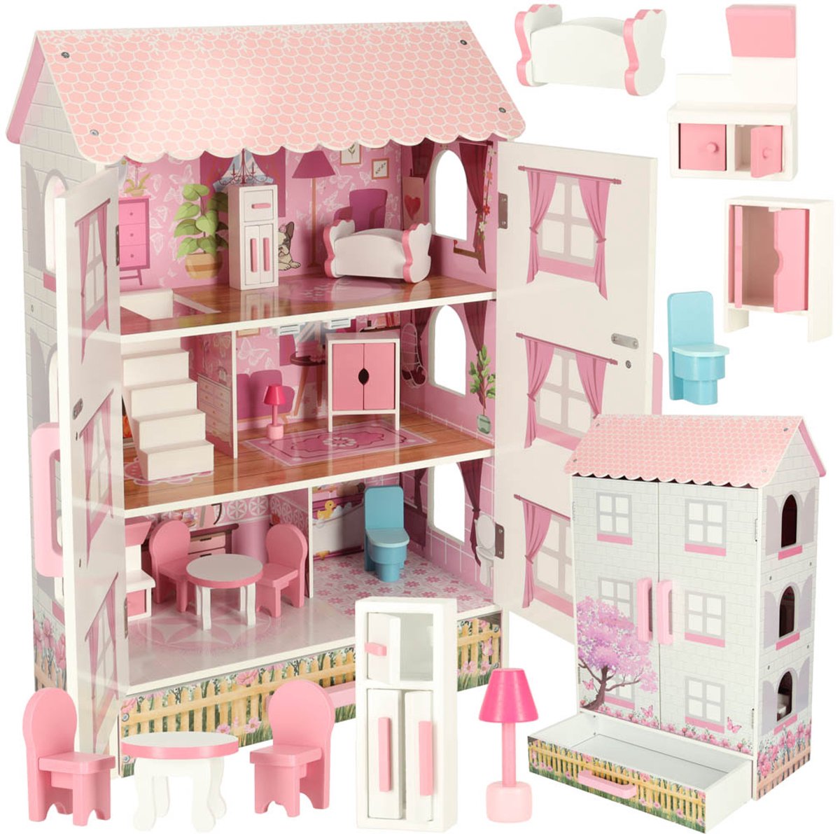  ® - Houten   XL - Roze - 80 cm - Inclusief Meubels en Accessoires - MDF - 3 Verdiepingen - Rollenspel - Poppen