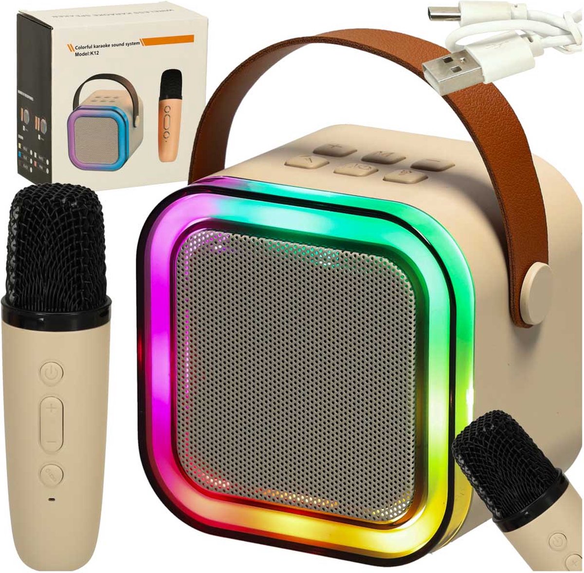  ® - Karaoke Set - 1 Microfoon - Beige - Verlichting - Draadloos - Bluetooth - Kinderen en Volwassenen - Speaker - Karaoke Microfoon