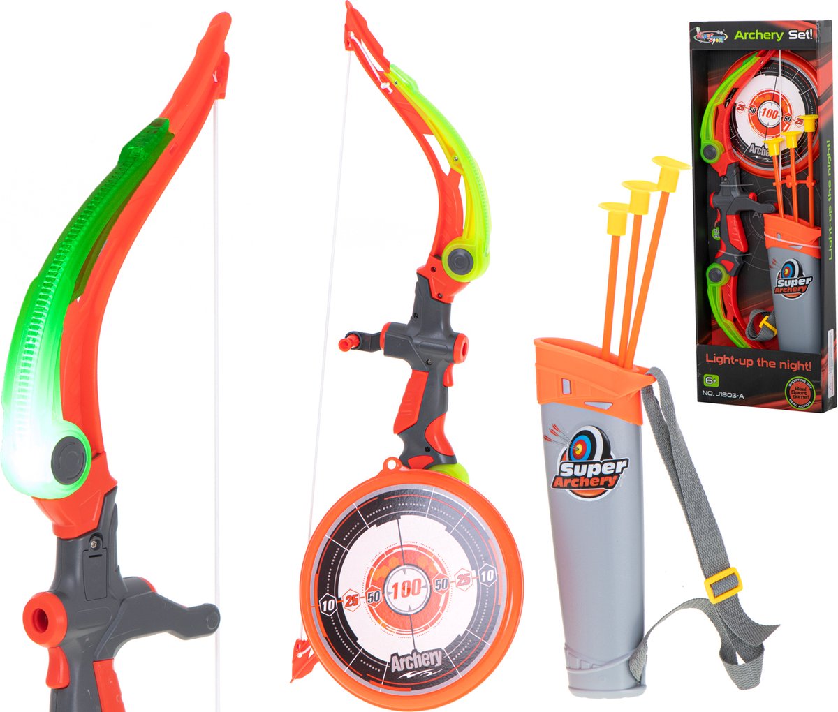  ® - Pijl en Boog - Oranje/Groen - 53 cm - met Verlichting - Schietschijf - 3 Veilige Pijlen - Boogschieten - Kinderen - Speelgoed - Buiten Speelgoed - Binnen Speelgoed - Sinterklaas en Kerst