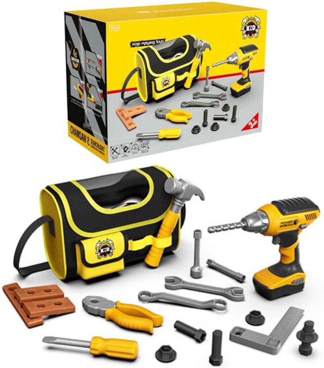  ® - Power Tools - Schroevendraaier en Boormachine - Inclusief Tas - Geel/Zwart - 22 Delig - Gereedschapsset - Rollenspel - Speelgoed - Educatief - Gereedschap