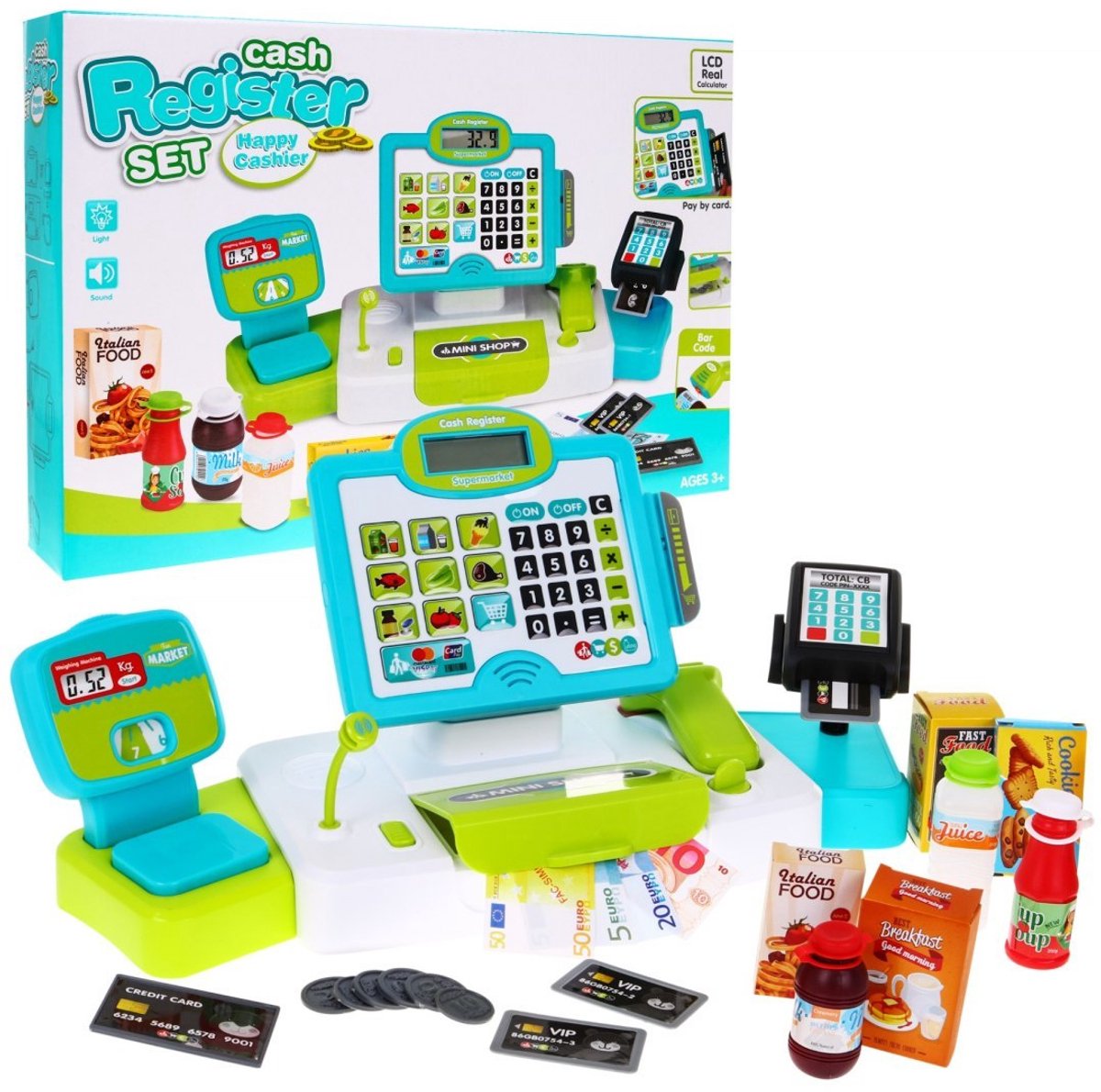  ® - Speelgoed Kassa - Blauw / Groen - met Licht en Geluid - Rekenmachine, Scanner en Geldlade - inclusief Accessoires - Rekenspeelgoed - Educatief - Rollenspel