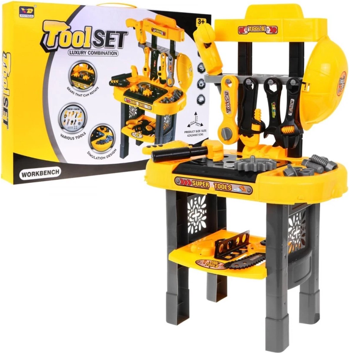  ® - Speelgoedwerkbank - Geel / Grijs - met Helm en Boormachine - inclusief Gereedschap - Klussen - Rollenspel Speelgoed - Educatief Speelgoed - Speelgoed Gereedschap - Werktafel - Werkbank -Bouwset