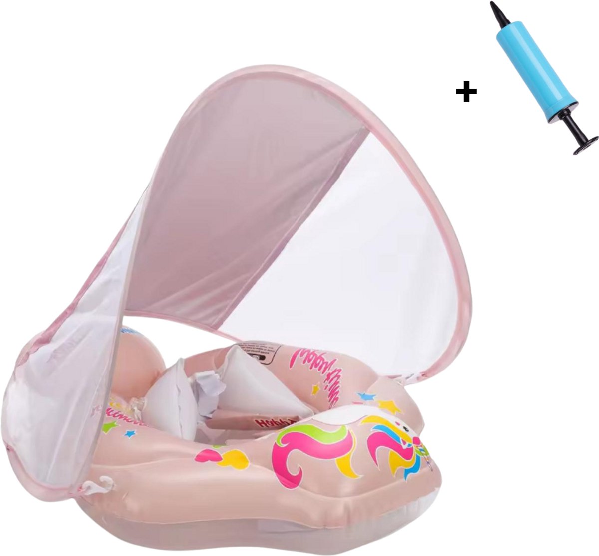  ® -   met Zonnescherm en Zitje - Roze - Maat S - tot 9 kilo - Inclusief Pompje - Peuter en Baby - Zwemring - Babyzwemband - Babyfloat - Zwemtrainer - Zwemstoel - Leren Zwemmen