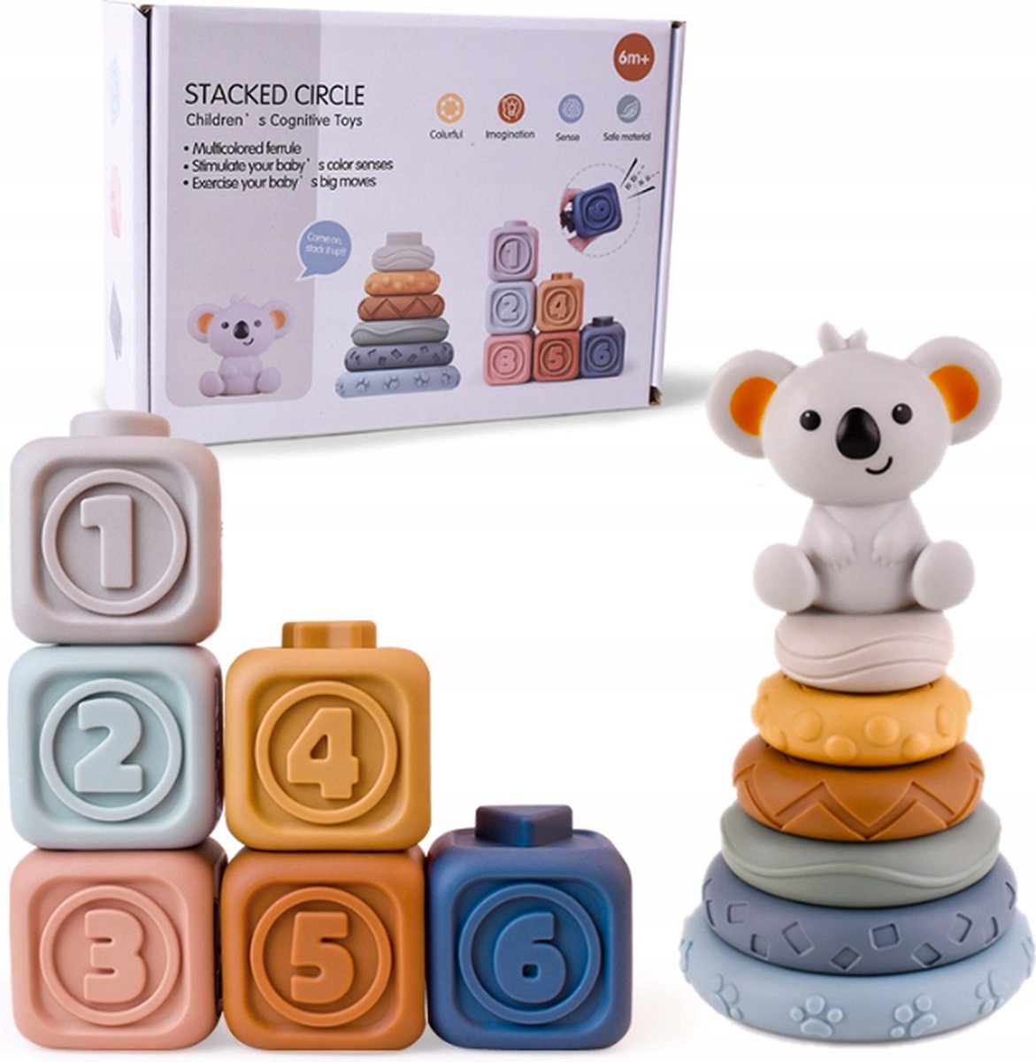 Stapeltoren EN Stapelringen - Koala - Baby Speelgoed - Zachte Bouwblokken - Stapelringen - Motoriek - Water Speelgoed - Montessori Speelgoed - Educatief Speelgoed - Bijtring - Bij Speelgoed - Baby Speelgoed - Kraamcadeau - Sorteren - Bad Speelgoed