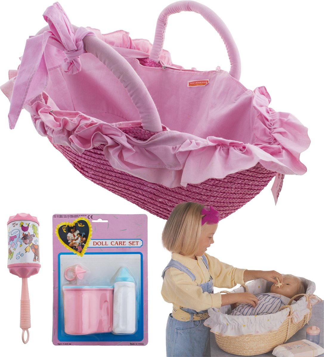 Draagmand roos voor poppen tot 50 cm + papfles met flessenwarmer / tutter / rammelaar