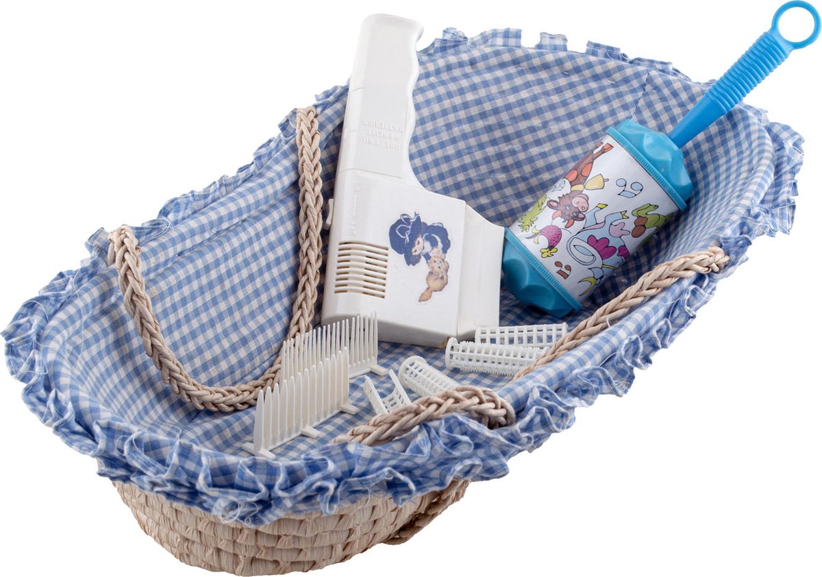 Draagmand voor poppen blauw tot 40 cm + haardroger poppen en GRATIS rammelaar