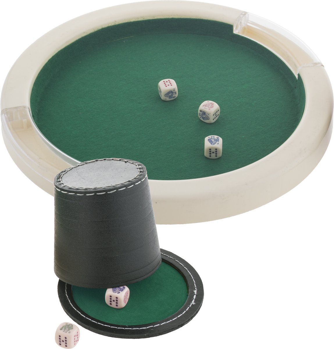 Pokerbeker leder met deksel en dobbelstenen + pokerpiste 31 cm