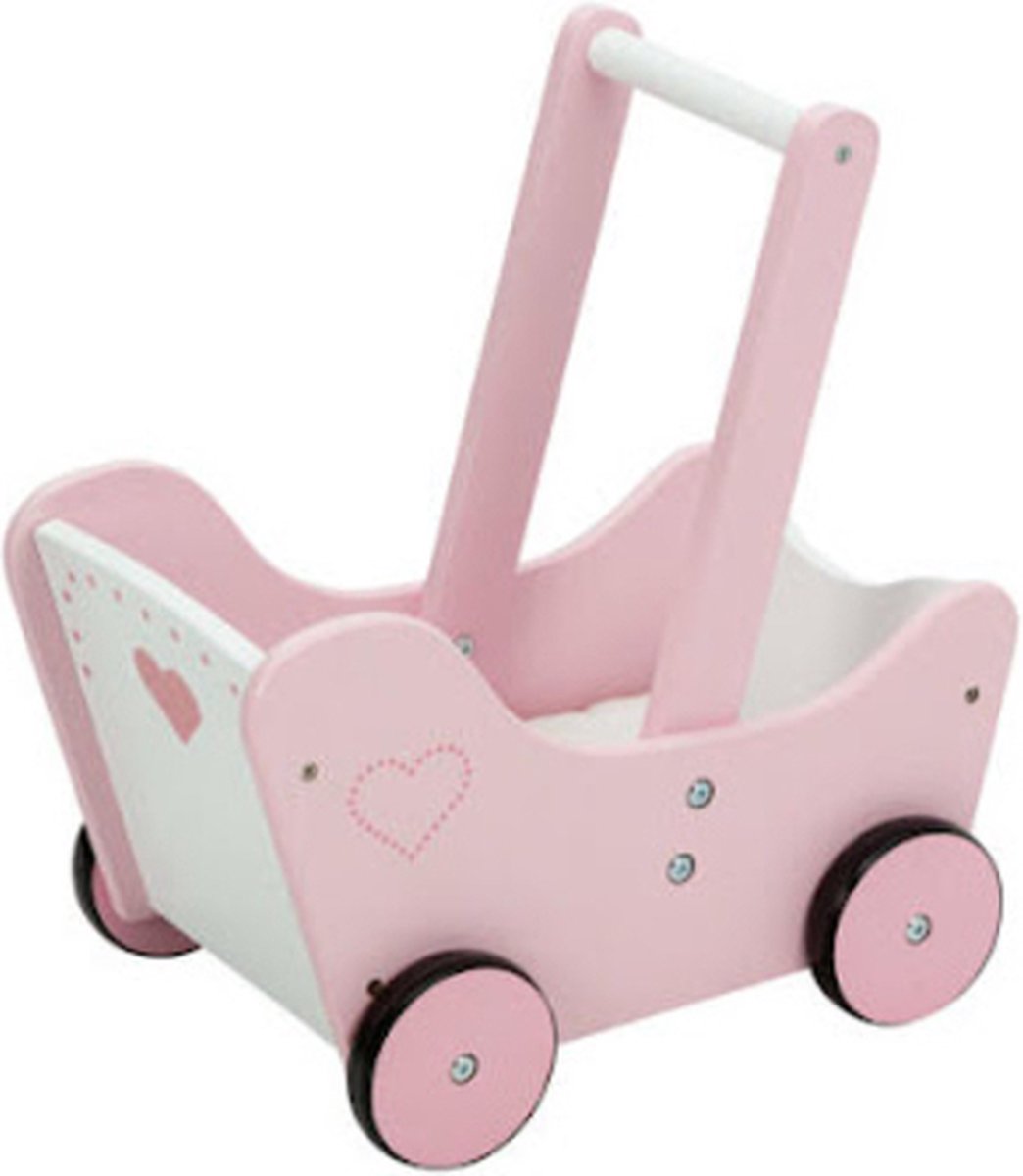     - Houten Kinderwagen - Speelpop Kinderbed - Kinderspeelgoed meisjes - Poppen - Roze