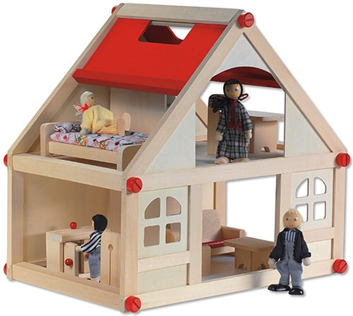 Houten Poppenhuis Schroef klein; incl meubels en 4 buigpoppen