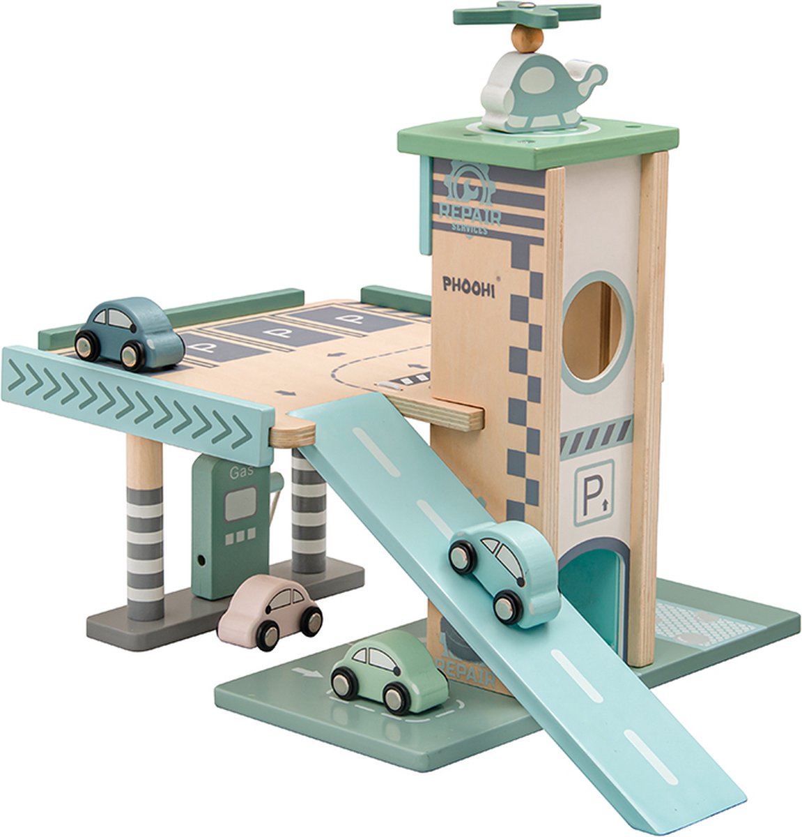 Houten Parkeergarage & Tankstation met Lift , Helikopterplatform, Reparatiewerkplaats een Autowasstraat - Cadeau kinderen - Houten Speelgoed
