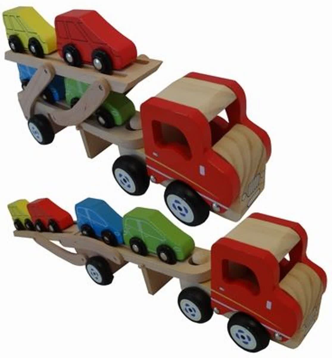 Playwood - Autotransporter met 4 autos - Houten vrachtauto met autos