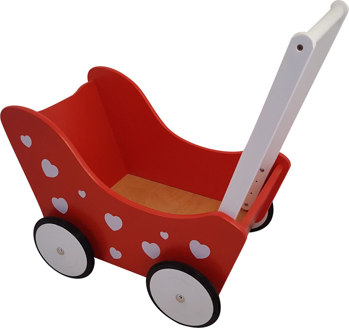 Playwood - Houten Poppenwagen rood met witte hartjes