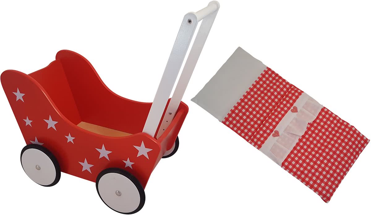 Playwood - Houten Poppenwagen rood met witte sterren - inclusief dekje rode ruitjes