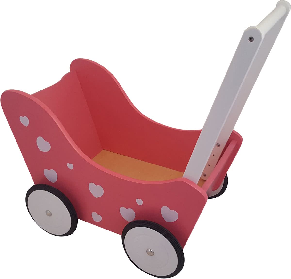 Playwood - Houten Poppenwagen roze met witte hartjes