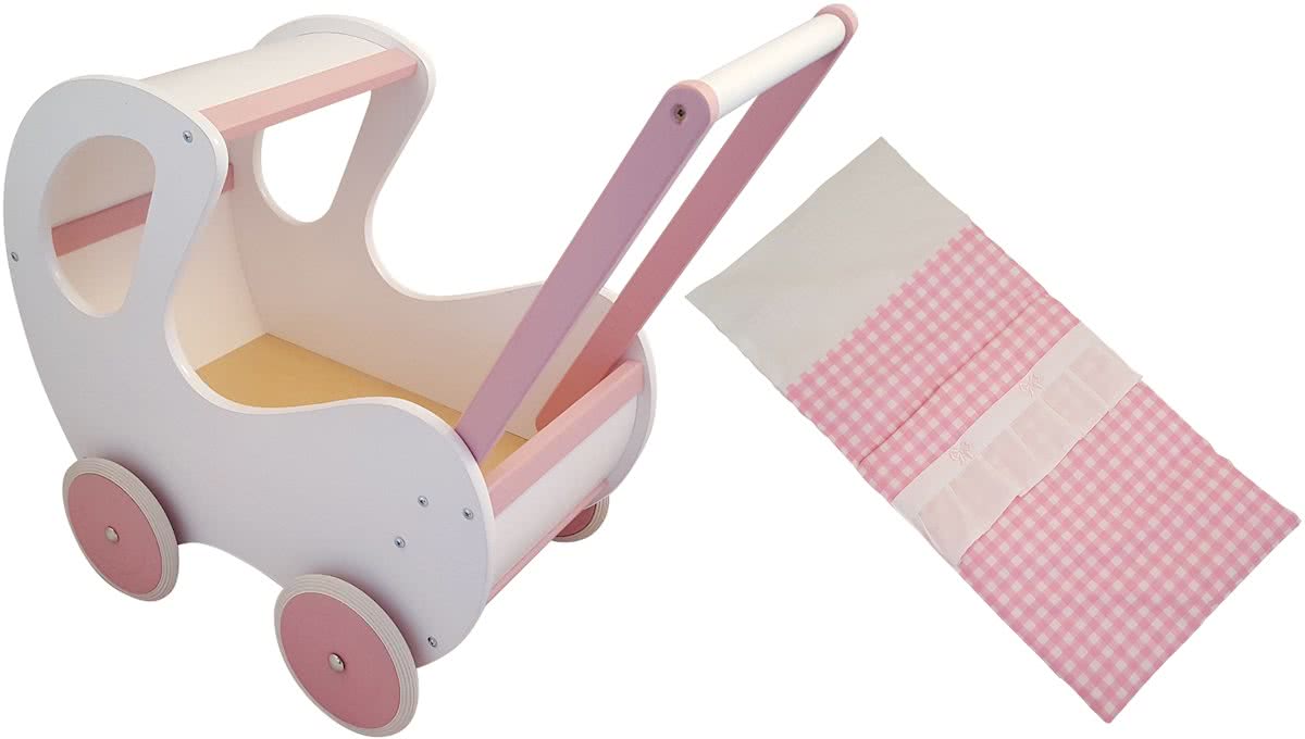 Playwood - Houten Poppenwagen wit / roze klassiek met kap - inclusief dekje roze ruitjes