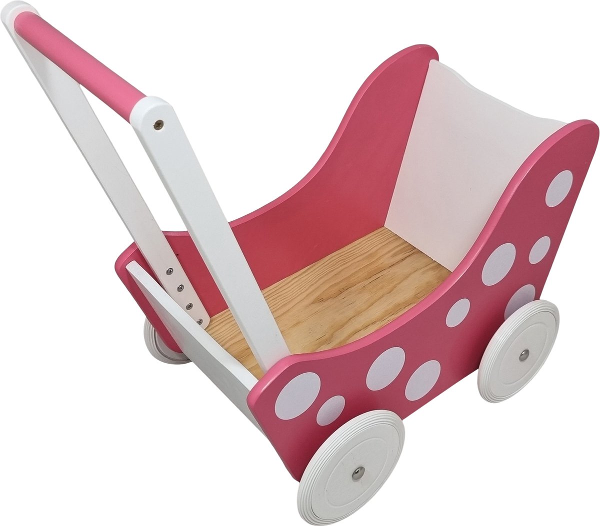 Playwood - Houten Poppenwagen wit roze met stippen