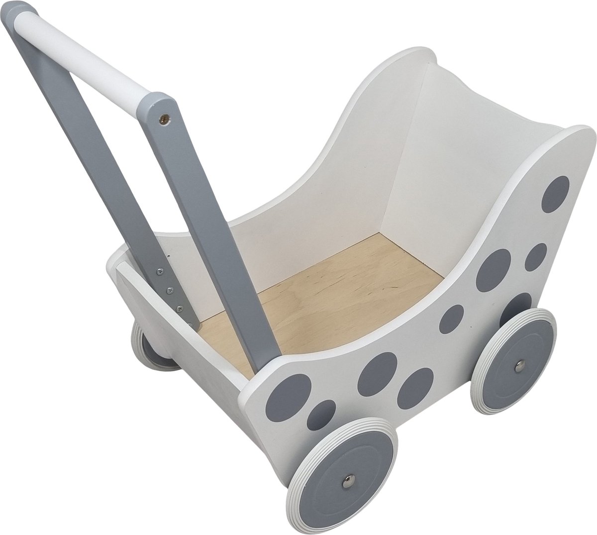 Playwood - Houten Poppenwagen wit zilver met stip met wit rubber