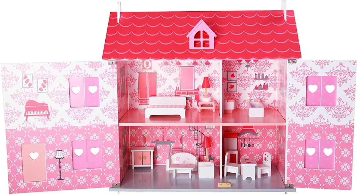 Playwood - Poppenhuis wit/roze inclusief meubels; Openklapbare voorkant